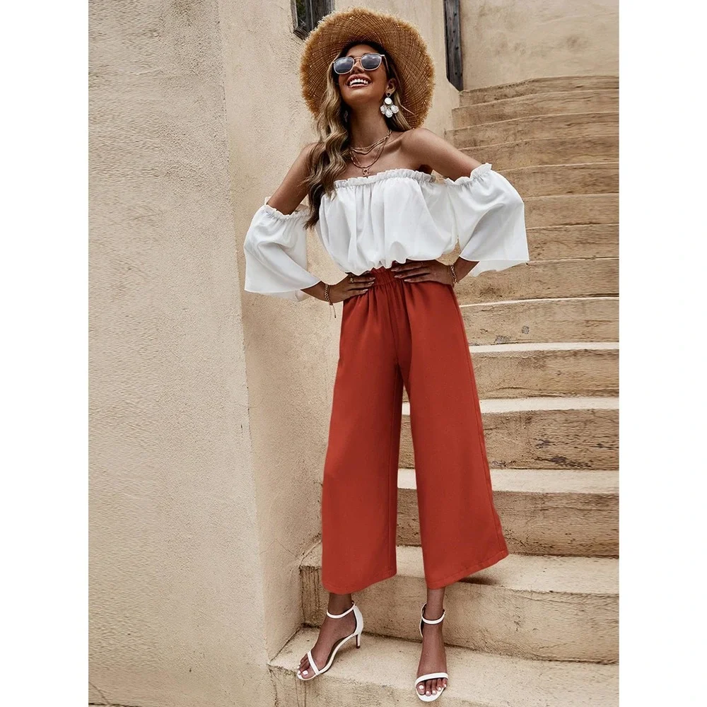 2 piece set: boho Off The Shoulder Frill Trim crop Top & wide leg pants blue - Picture 11 of 11